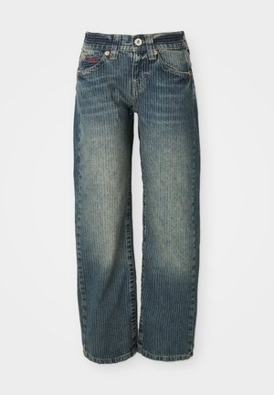 Wide-leg denim jeans in a faded blue wash with vertical stripes, five pockets, and a button closure at the waistband.