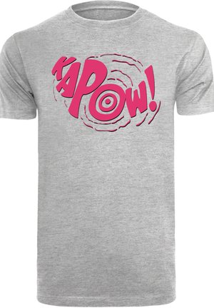 Gray cotton t-shirt featuring a large pink "KAPOW!" graphic with circular lines, emphasizing motion and impact.