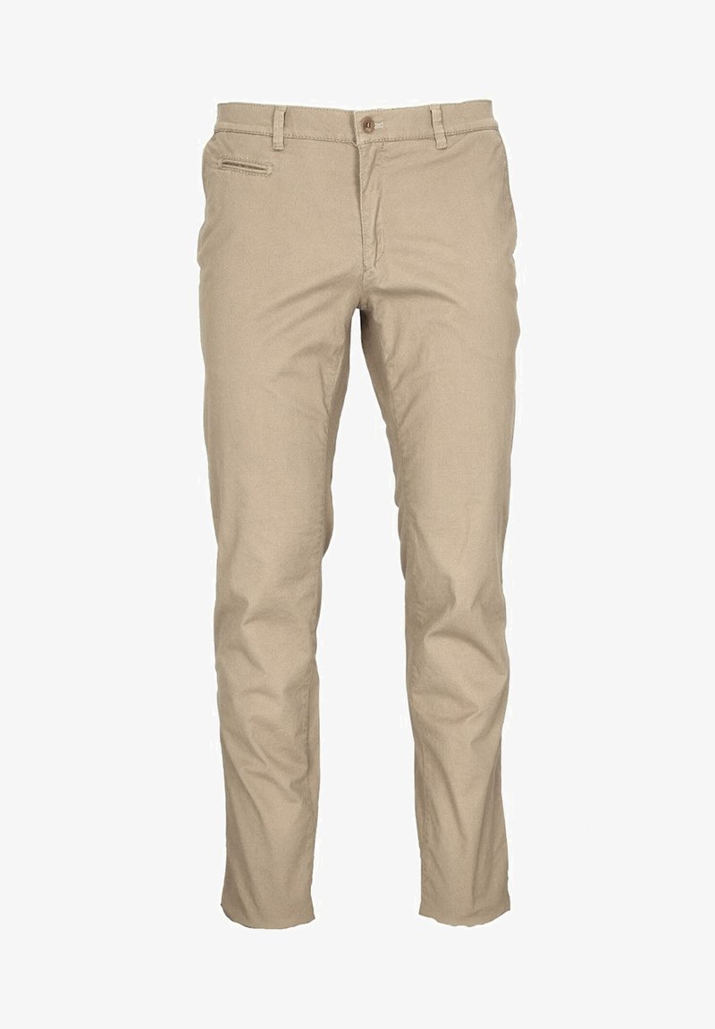 Pantalons en coton beige à coupe slim, avec une fermeture éclair et un bouton à l'avant, et une poche sur le côté. Texture lisse.