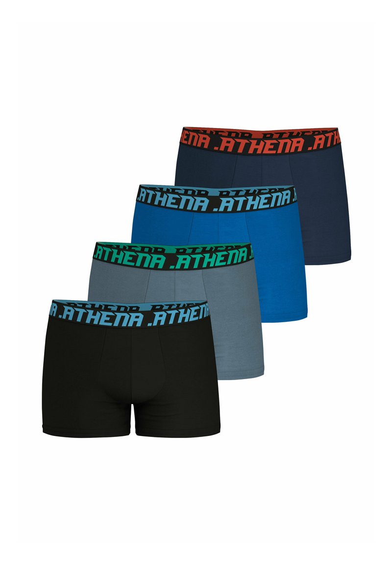 Quatre ensembles de boxers pour hommes en noir, bleu foncé, bleu clair et gris. Chacun possède une ceinture élastique contrastante avec le texte "ATHENA".