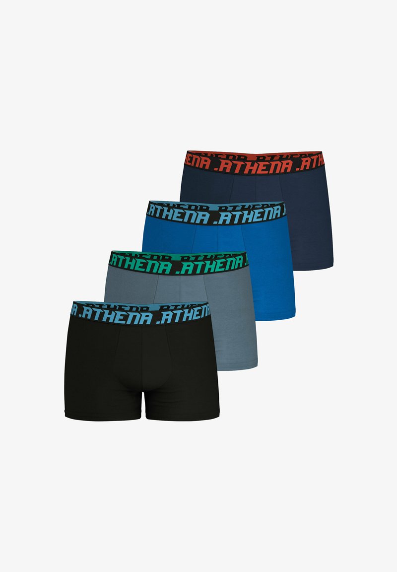 Quatre ensembles de boxers pour hommes en noir, bleu foncé, bleu clair et gris. Chacun possède une ceinture élastique contrastante avec le texte "ATHENA".