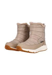 Beige wasserdichte Stiefel mit einer puffy Nylon-Oberkonstruktion, einem Kunstfellkragen und einer strukturierten Gummisohle. Sie verfügen über einen Reißverschluss für einen einfachen Zugang.