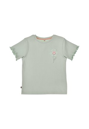 Hellgrünes, geripptes Kurzarmshirt mit gerafften Ärmelsäumen und einem lächelnden Blumenmotiv auf der Brust.