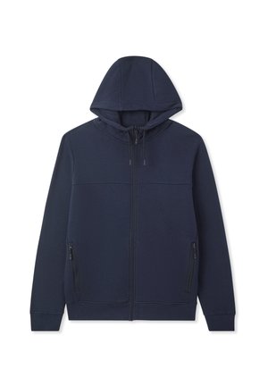 Granatowy rozpinany hoodie z kapturem, dwoma zapinanymi na zamek bocznymi kieszeniami i teksturowanym materiałem. Posiada prosty design oraz prążkowane mankiety i dół.