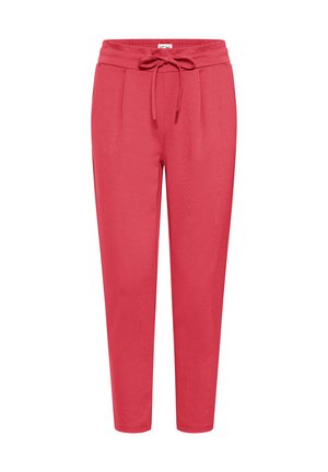 Pantalon léger rouge en tissu tissé, avec une taille élastique et un cordon de serrage, doté de deux poches latérales et d'une coupe fuselée.