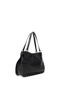Borsa nera realizzata in pelle liscia, con dettagli a borchie sui lati, manici doppi e un design spazioso.