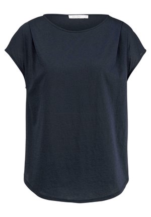 Marineblauw damesblouse met korte mouwen, een ronde hals en een licht afgeronde zoom.