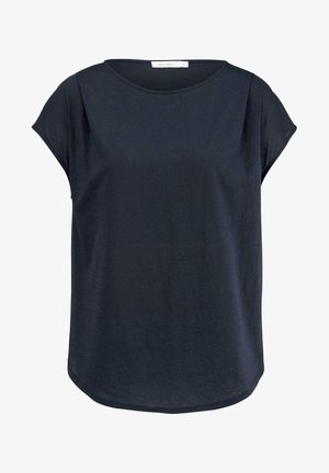 Blouse pour femme bleu marine à manches courtes avec un col rond et un ourlet légèrement incurvé.
