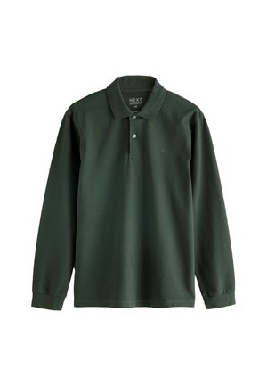 Långärmad mörkgrön polotröja gjord av bomull, med klassisk krage, tre knappar och en liten guldsymbol på bröstet.