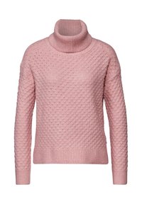 Rosa stickad tröja med hög, ribbad polokrage, texturerat diamantmönster och ribbade manschetter och fåll. Mjuk, mysig material.