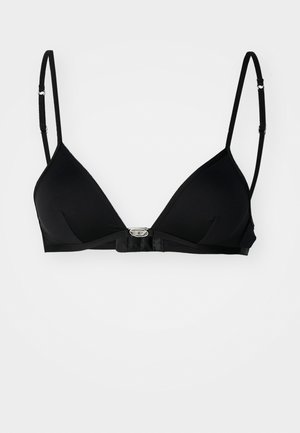 Zwarte driehoekige bh met verstelbare bandjes, een centrale haaksluiting en een gladde stofstructuur. Kenmerkt een minimalistisch ontwerp zonder padding.
