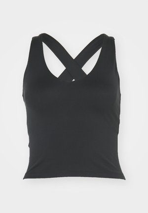 Black tank top with a scoop neckline and crossed straps at the back. Made of smooth fabric with a fitted silhouette and no visible embellishments.