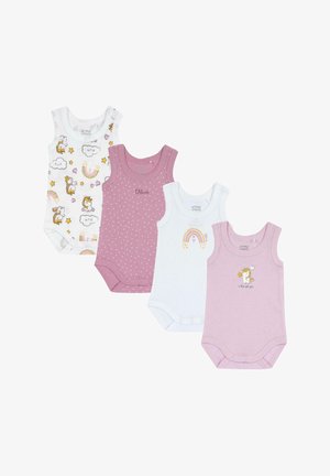 Quatre bodies pour bébé : un avec des licornes et des nuages, un rose uni avec des pois, un blanc avec un arc-en-ciel brodé, et un rose uni avec un design de licorne.