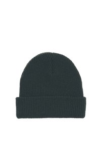 Berretto lavorato a maglia verde scuro con orlo arrotolato, caratterizzato da un motivo testurizzato e una parte superiore senza cuciture e arrotondata.