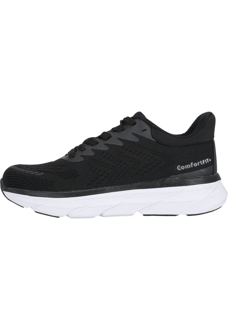 Scarpe sportive nere con tomaia in rete traspirante, dettagli strutturati e una suola intermedia bianca imbottita. Presentano lacci e un collare imbottito.
