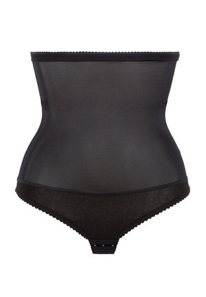 Shapewear noir sans coutures avec une taille haute et un dos en thong. Présente une texture lisse, des bords festonnés et une finition subtile. Détails en métal doré.