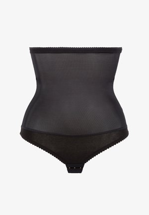 Czarny, gładki model bielizny modelującej z wysokim stanem i majtkami w kroku thong. Posiada gładką teksturę, koronkowe wykończenie i subtelne detale. Złote akcenty metalowe.