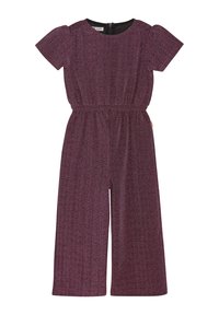 Burgundowy kombinezon z krótkim rękawem, elastycznym pasem, szerokimi nogawkami i teksturowanym materiałem. Posiada subtelny wzór oraz zamek błyskawiczny z tyłu.