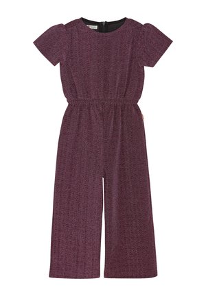 Burgunderfarbener Jumpsuit mit kurzen Ärmeln, elastischem Bund, weitem Bein und strukturiertem Stoff. Verfügt über ein dezentes Muster und einen Reißverschluss auf der Rückseite.