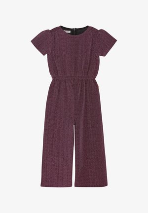 Combinaison bordeaux à manches courtes, taille élastique, jambes larges et tissu texturé. Présente un motif subtil et un détail de fermeture éclair au dos.