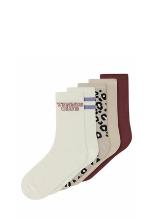 Set of four socks: cream with "TENNIS CLUB" print, beige with stripes, leopard print, and maroon. Cotton blend, mid-calf length, ribbed texture.