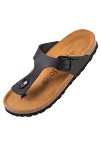 Sort læder thong sandal med justerbart spænde, kork sål og gummiydersål, der har en tekstureret tan indersål. Størrelse 36.