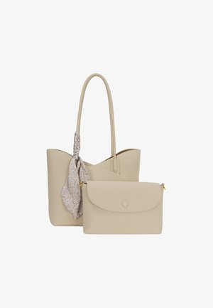 Beżowa torba tote z imitacji skóry z długimi uchwytami, z plecionym detalem i wzorzystą chustą. Zawiera odpinaną pasującą kopertówkę.