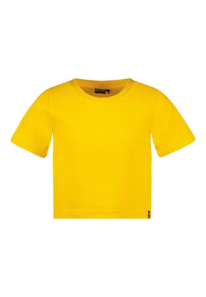 Felgeel ribgebreid cropped topje met korte mouwen en ronde hals, getoond op een witte achtergrond.