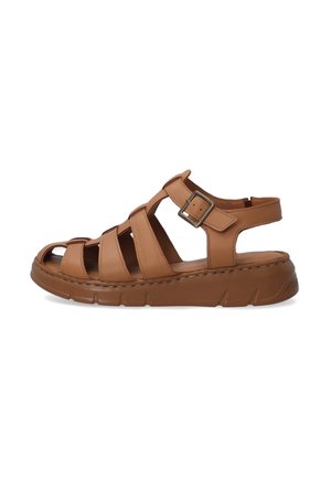 Brown strappy sandal with an adjustable ankle buckle and a thick sole. Designed for comfort and support, suitable for casual wear.