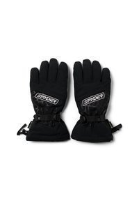 Zwarte handschoenen met een gestructureerd ontwerp en een logo, verstelbare riemen bij de boorden, en geïsoleerd materiaal voor warmte.