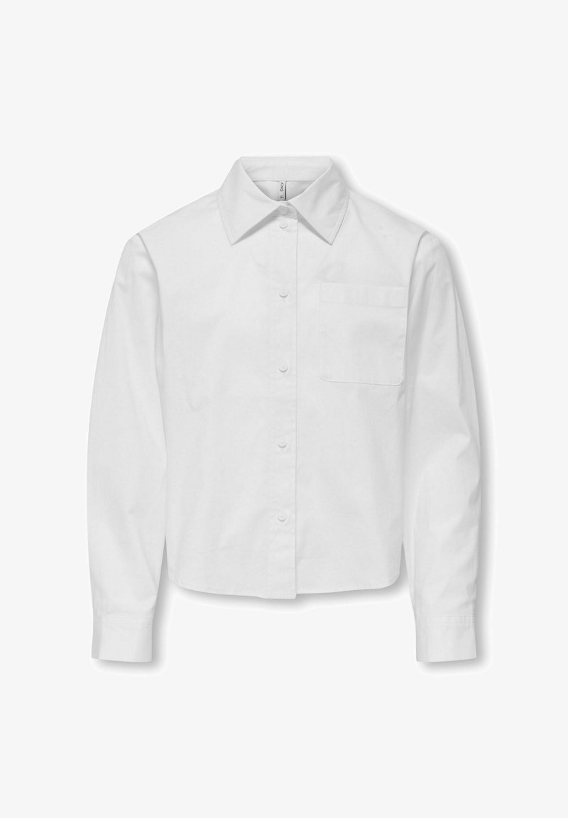 White button-up shirt with a pointed collar, long sleeves, and a single chest pocket. Made from smooth fabric with a cropped design.