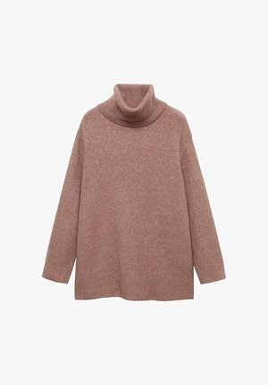 Übergroßer Rollkragenpullover aus weichem, hellbraunem Strick. Besitzt einen gerippten Kragen und Manschetten, hat einen lockeren Schnitt und keine sichtbaren Muster.