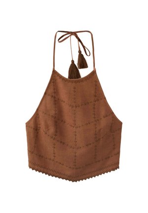 Crop top marron à col halter avec motifs géométriques brodés et liens à pompons à l'arrière, détail d'ourlet festonné.