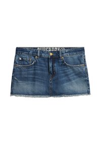 Jupe en denim avec un ourlet effiloché, présentant un délavé bleu foncé, cinq poches et une fermeture à boutons avec une taille à logo.