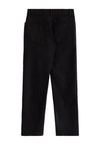 Pantaloni neri con design a gamba dritta, dotati di due tasche posteriori, una texture liscia e una vita standard senza decorazioni.
