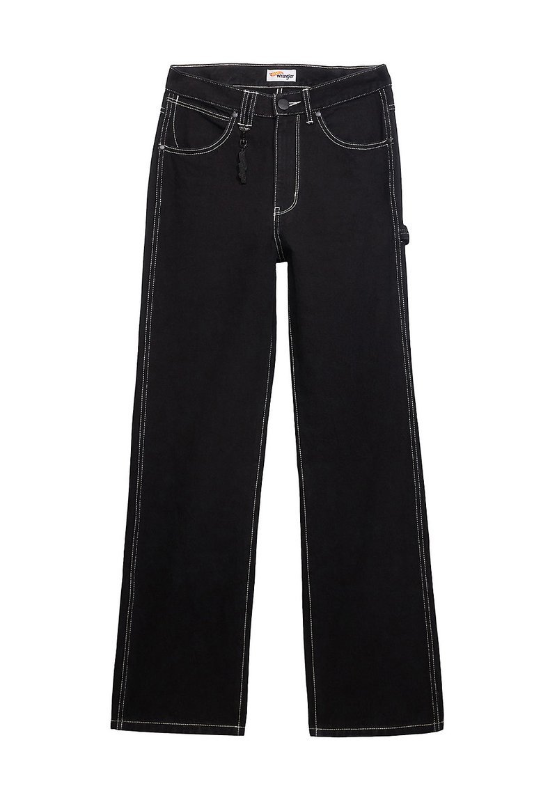 Jeans larges en denim de couleur noire, avec des coutures blanches contrastantes, cinq poches, fermeture à bouton et une étiquette de marque sur la ceinture.