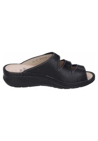 Black leather slip-on sandals featuring three cut-out straps, a wedge sole, and contrasting white stitching along the edges.