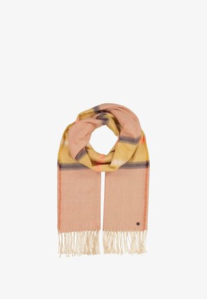 Pehmed kootud sall, millel on virsiku ja kollane disain mustade aktsentidega ning narmastega otsad. Materjal on sileda tekstuuriga.