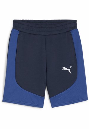 Pantaloncini sportivi blu navy con pannelli laterali blu strutturati, vita elasticizzata e logo Puma bianco sulla gamba destra.