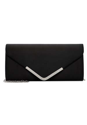 Bolso de mano de satén negro con un acento metálico plateado geométrico y cadena, con una forma rectangular elegante y cierre magnético.