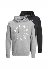 Due felpe esposte, una grigia e una nera. Entrambe presentano una tasca frontale, cappuccio con cordoncini e un grande design in testo bianco sulla parte frontale.