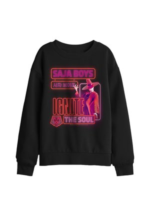 Black sweatshirt with neon pink and red text "SAJA BOYS," Korean characters, "IGNITE THE SOUL," a lion logo, and a figure wearing a large hat.
