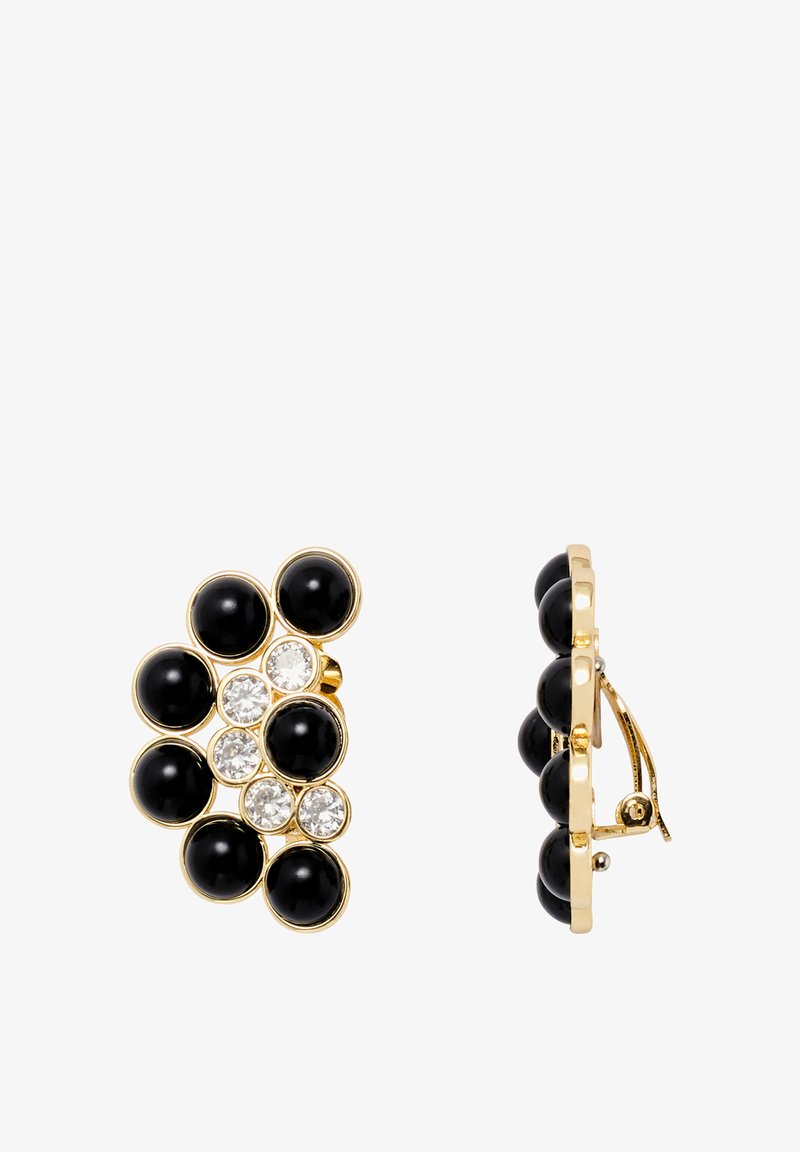 Schwarze und klare Steine Ohrringe mit einer vergoldeten Fassung, die ein Cluster-Design mit runden Formen in unterschiedlichen Größen zeigen.
