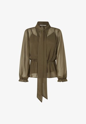 Oliwkowa, przezroczysta bluzka z wiązanym kołnierzykiem, elastyczną talią i falbanistymi długimi rękawami. Lekki materiał z luźnym krojem.