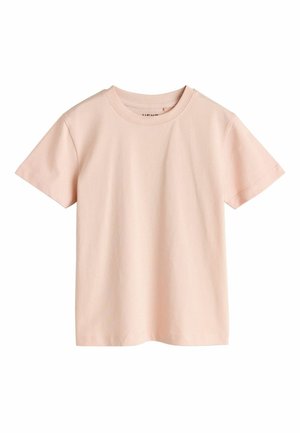 Light pink cotton T-shirt with short sleeves, a round neckline, and a relaxed fit. Smooth texture with no patterns or embellishments.