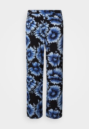 Cvećaste hlače s crnom podlogom i velikim plavim cvjetnim uzorcima. Dizajnirane s širokim nogavicama i elastičnom waistbandom za udobnost.