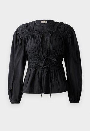 Svart, langermet bluse med samlet stoff, strikket midje og knytedetalj, med rund halsutskjæring og glatt tekstur.