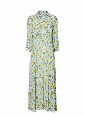 Helehall pikk pluuskleit kollase lillemustriga, nööpidega esitükk, pikad varrukad ja krae.