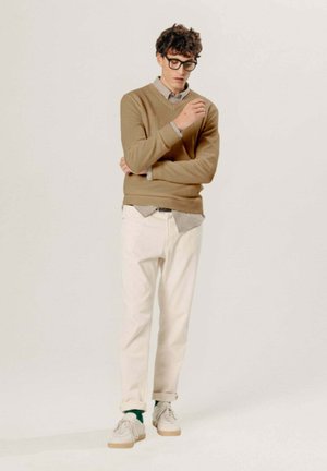 Junger Mann mit lockigem Haar und Brille, trägt einen braunen Pullover, kariertes Hemd, weiße Hose und weiße Turnschuhe, steht mit verschränkten Armen.