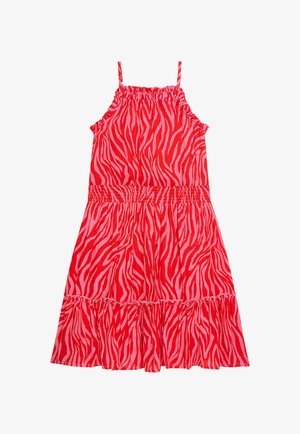 Rotes und pink gestreiftes Kleid im Zebramuster mit dünnen Schulterträgern, elastischer Taille und ausgestelltem Saum. Hergestellt aus leichtem Stoff, ideal für warmes Wetter.